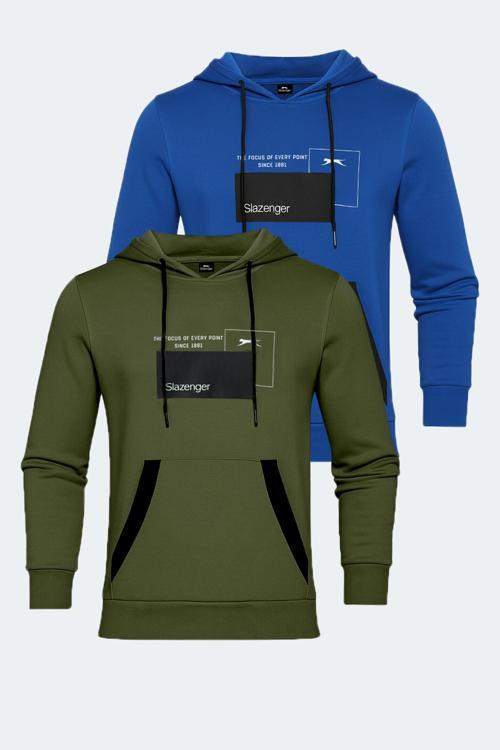 VANDA 2 li set Erkek Kanguru Cepli Kapüşonlu Haki - Mavi Sweatshırt