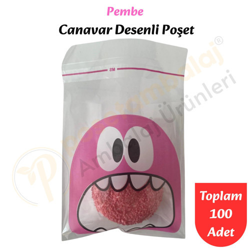 100 Adet Pembe Canavar Desenli Cake Pop & Kurabiye Poşeti-10x15 cm