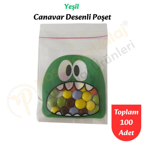 100 Adet Yeşil Canavar Desenli Cake Pop & Kurabiye Poşeti-10x15 cm
