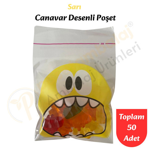 50 Adet Sarı Canavar Desenli Cake Pop & Kurabiye Poşeti-10x15 cm