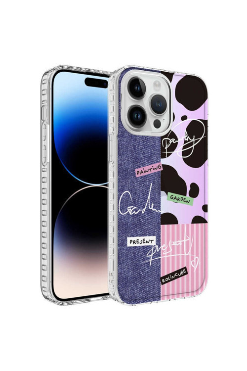 Apple Iphone 13 Pro Max Kılıf Renkli Desenli Silikon Elegans + Kablo Koruyucu + Ekran Koruyucu