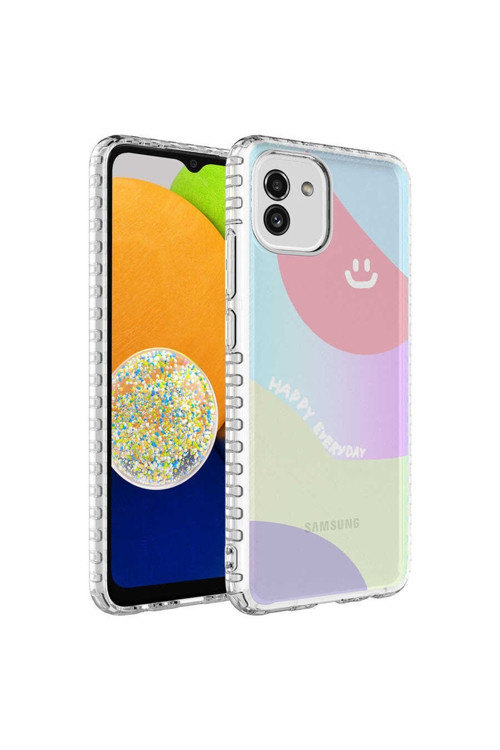 Samsung Galaxy A03 Kılıf Renkli Desenli Silikon Elegans + Kablo Koruyucu + Ekran Koruyucu