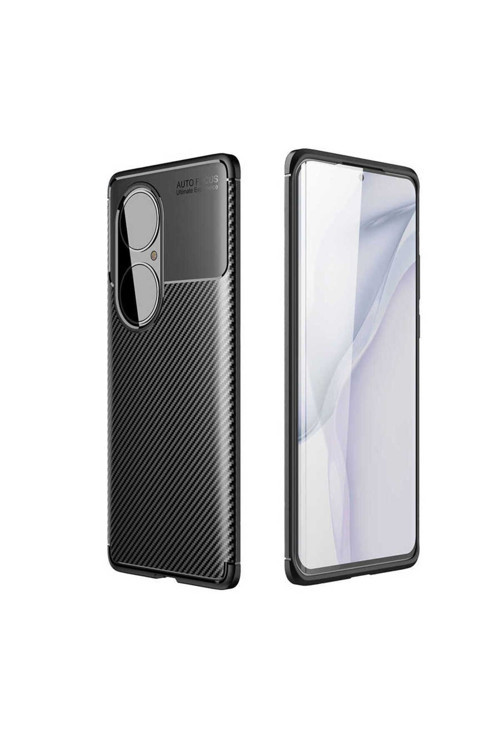 Huawei P50 Pro Kılıf Karbon Görünümlü Silikon Zr-Negro + Kablo Koruyucu + Ekran Koruyucu