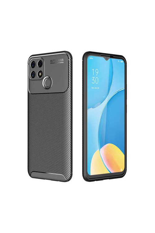 Oppo A15 Kılıf Karbon Görünümlü Silikon Zr-Negro + Kablo Koruyucu + Ekran Koruyucu