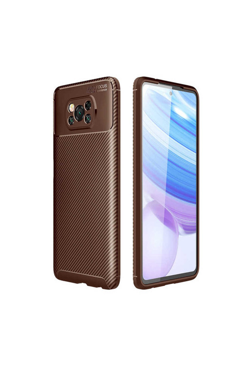 Xiaomi Poco X3 Kılıf Karbon Görünümlü Silikon Zr-Negro + Kablo Koruyucu + Ekran Koruyucu