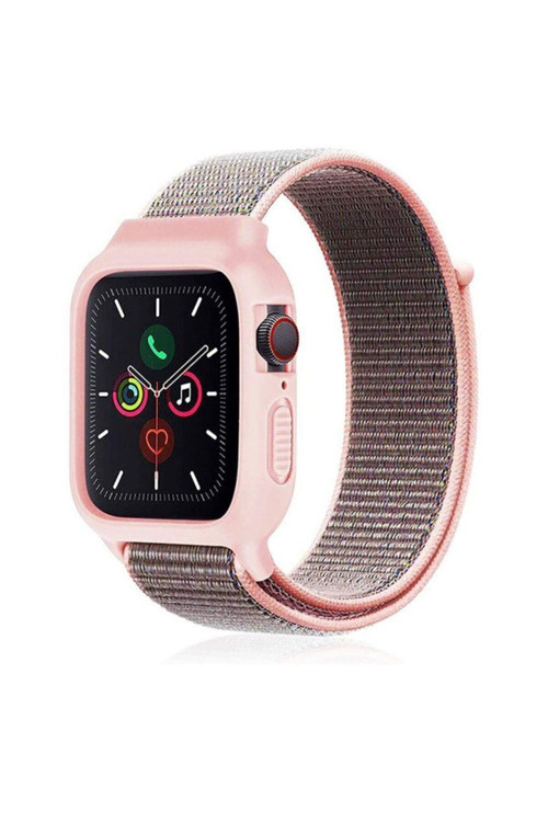 Apple Watch 44 Mm Uyumlu Hasırlı Cırtcırtlı Kasalı Kordon 2/3/4/5/6/7/8 Azn-Kasalı