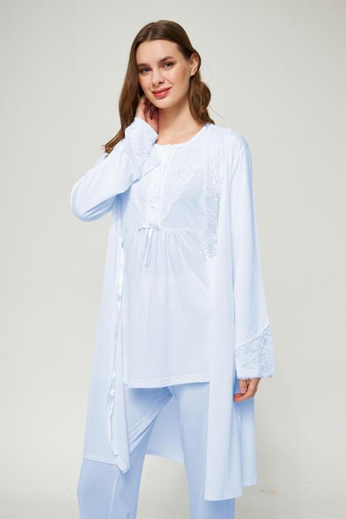 Mavi Kadın Uzun Kollu Hamile ve Lohusa Pijama Takımı 3'lü Set - L