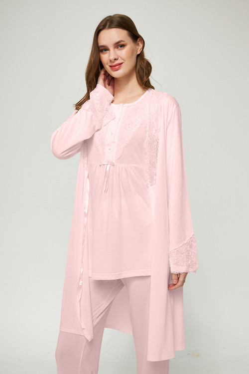 Pudra Kadın Uzun Kollu Hamile ve Lohusa Pijama Takımı 3'lü Set - 2XL