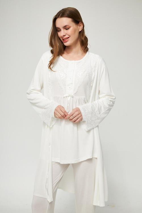 Ekru Kadın Uzun Kollu Hamile ve Lohusa Pijama Takımı 3'lü Set - XL