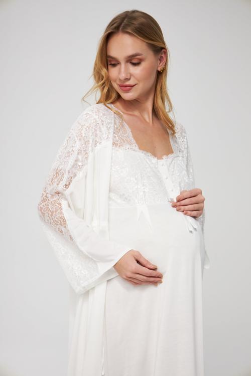 Ekru Özel Gecelik Sabahlık Dantelli Düğmeli Kısa Kollu Esnek Kumaşlı Hamile ve Lohusa Pijama Takımı