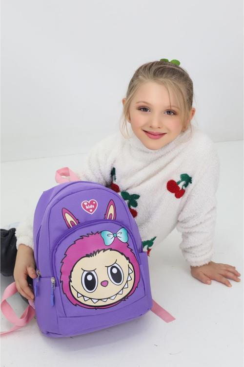 Labubu Figürlü Mor Anaokulu Kreş Çantası 4 Bölmeli İlkokul Öncesi Çocuk Sırt Çantası