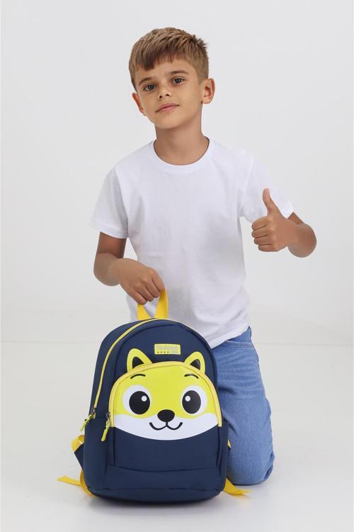 Tilki Figürlü Lacivert Anaokulu Kreş Çantası 4 Bölmeli Erkek Kız Çocuk Sırt Çantası