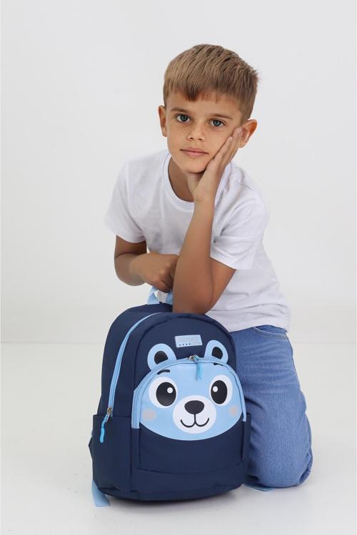 Ayı Figürlü Lacivert Anaokulu Kreş Çantası 4 Bölmeli Erkek Kız Çocuk Sırt Çantası