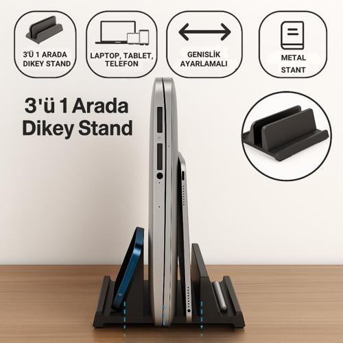 3 Bölmeli Metal Genişlik Ayarlamalı Masaüstü Dikey Macbook Laptop Notebook Standı Telefon Tablet Standı