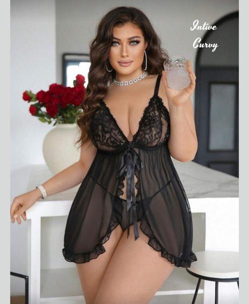Intive Curvy Siyah Önden Bağlamalı Transparan Dantel Detaylı Büyük Beden Gecelik