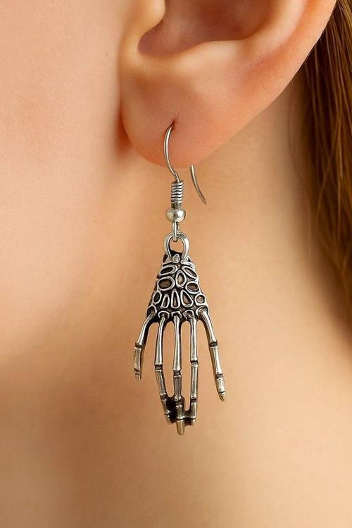 Gotik İskelet El Şekilli Kadın Küpe Çift Adet Gümüş Kaplama El Yapımı Küpe