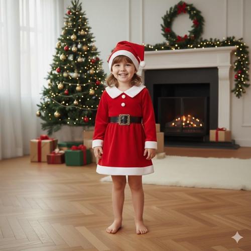 KIZ ÇOCUK YILBAŞI NOEL TEMALI NOEL BABA ELBİSESİ 
