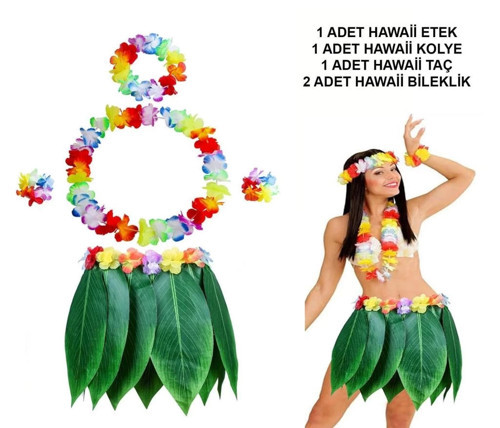 BFS Yetişkin Hawaii Kostüm Seti - Yaprak Etek & Hawaii Set - 5 Parça