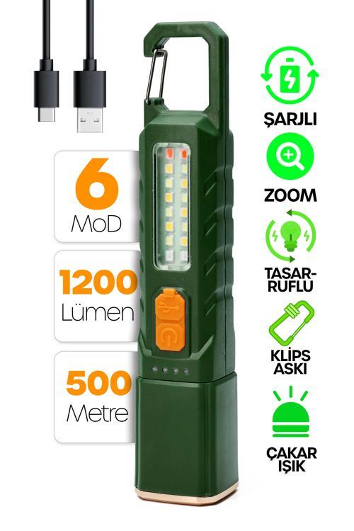 Şarjlı EL Feneri 6 MOD Karabina Askılı Çakarlı COB LED Kamp Lambası Acil Durum Işığı Yeşil 7170