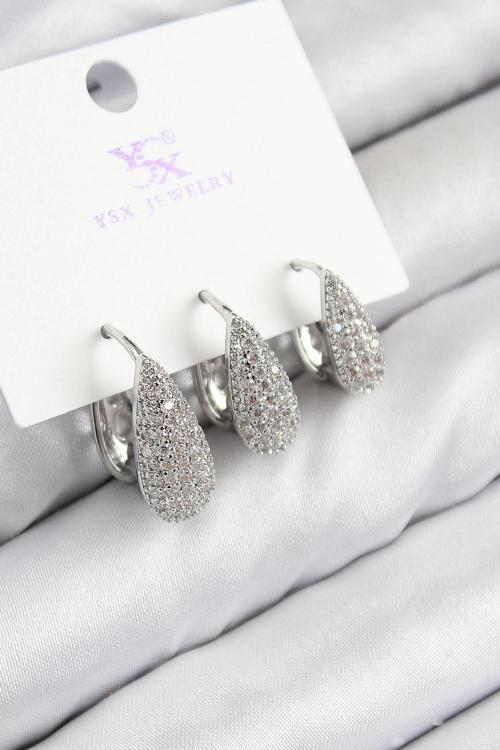 BFS Pirinç Zirkon Taşlı 3'lü Damla Model Gümüş Renk Kadın Küpe