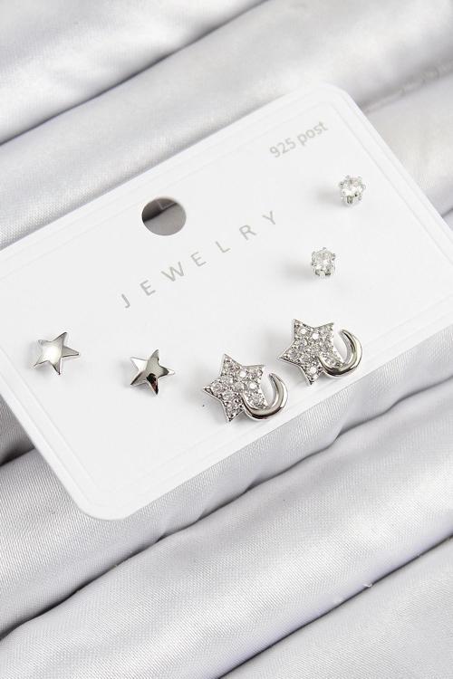 BFS Pirinç Zirkon Taşlı Yıldız Model Gümüş Renk 925 Ayar Gümüş Çivi Kadın Küpe Set