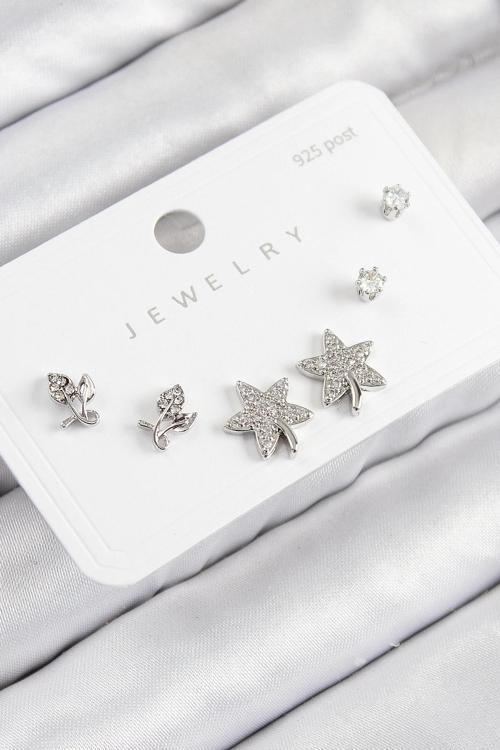 BFS Pirinç Zirkon Taşlı Yıldız Ve Gül Model Gümüş Renk 925 Ayar Gümüş Çivi Kadın Küpe Set