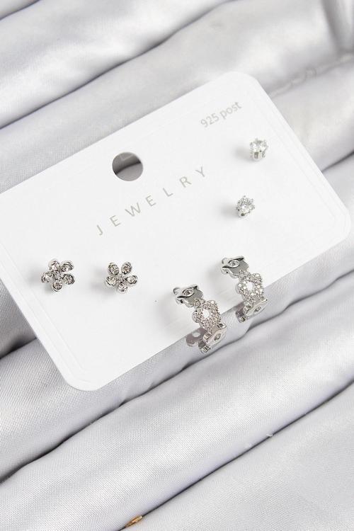 BFS Pirinç Zirkon Taşlı Halka Model Gümüş Renk 925 Ayar Gümüş Çivi Kadın Küpe Set