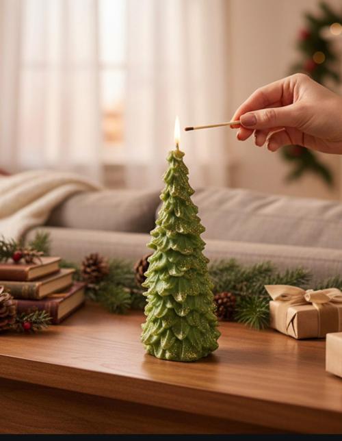 2’li Yeşil Çam Ağacı Mum – Simli & Simsiz Amber Kokulu Mum Seti