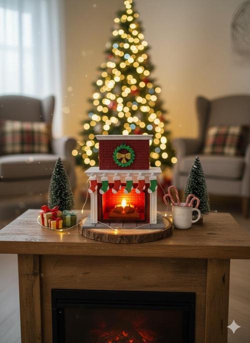 3D Baskı Yılbaşı Şömine Süsleme Tealight Mumluk - Hediyelik Mini Masa Şöminesi + Mum Dahil
