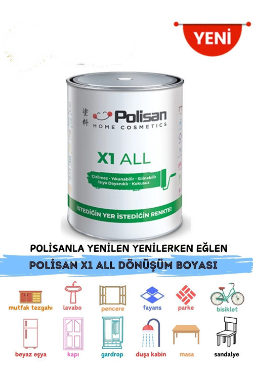 X1 All Yeni Nesil Dönüşüm Boyası Dolap-Fayans-Cam-Plastik-Ahşap-Duvar Sınırsız Renk 0.75 Lt