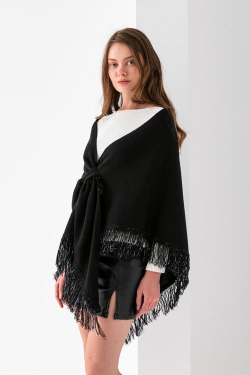 Simli Püsküllü Üçgen Şal, Kadın Omuz Şalı, Yumuşak Ve Şık Dokulu, Kadın Üçgen Omuz Şalı.