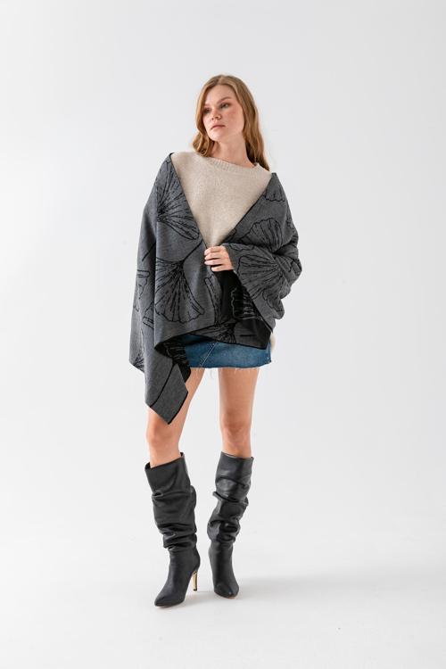 Yaprak Desenli Omuz Şalı, Çift Yönlü Kulanıma Uygun Şık Rahat Omuz Şalı, Triko Omuz Şalı, Omuz Şalı