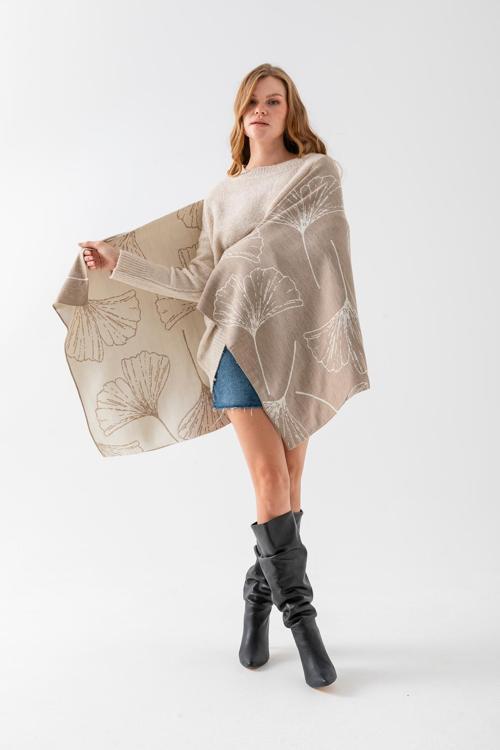 Yaprak Desenli Omuz Şalı, Çift Yönlü Kulanıma Uygun Şık Rahat Omuz Şalı, Triko Omuz Şalı, Omuz Şalı