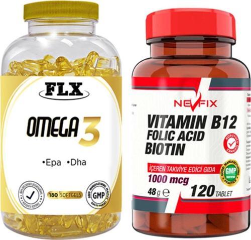 Omega 3 Balık Yağı 180 Softgel & Nevfix Vitamin B12 1000 Mcg 120 Tablet