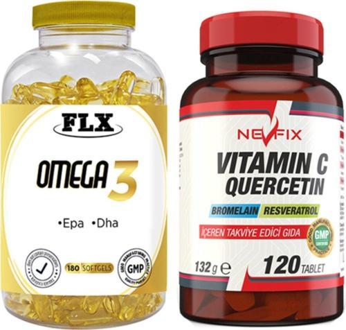 Omega 3 Balık Yağı 180 Softgel & Nevfix Vitamin C Quercetin Bromelain 120 Tablet