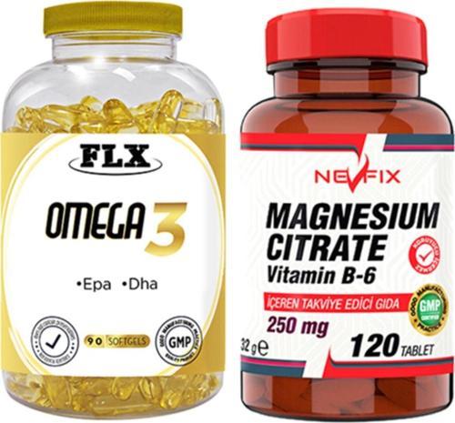 Omega 3 Balık Yağı 90 Softgel & Nevfix Magnesıum Cıtrate Vitamin B-6 120 Tablet