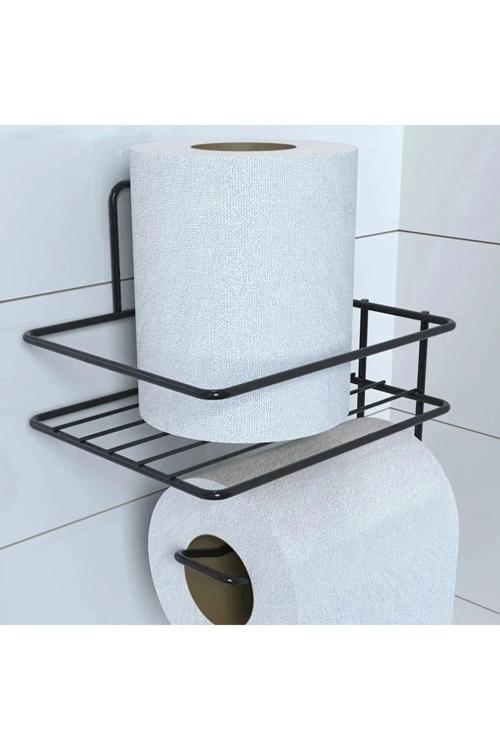 Kendiliğinden Yapışkanlı Tuvalet Kağıdı Tutacağı Ve Yedek Raf - Siyah Modern Metal Tasarım
