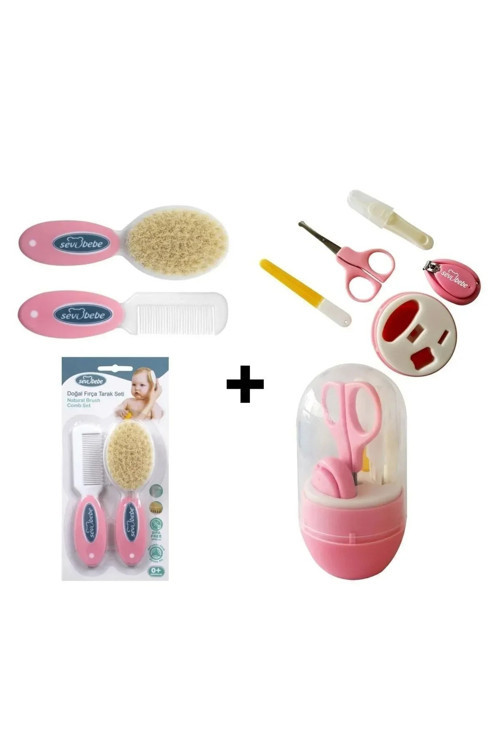 Naturel Fırça Tarak +Bebek Tırnak Bakım Seti Pembe