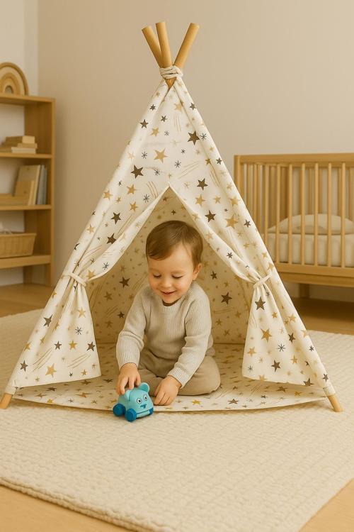 Çocuk Kızılderili Oyun Çadırı Ahşap Direkli Geniş Oyun Çadırı