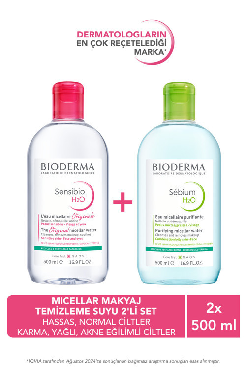H2O Micellar Makyaj Temizleme Suyu 2'li Set Hassas ve Normal & Karma, Yağlı ve Akne Eğilimli Ciltler