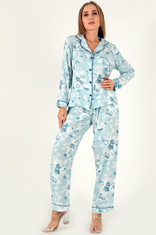 Çiçek Baskılı Uzun Kollu Kadın Pijama Takım