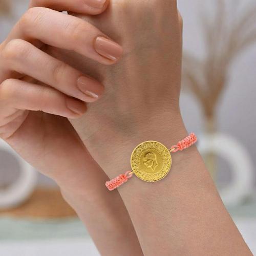 22 Ayar Yeni Tam Altın Açık Pembe Renkli İpli Bileklik