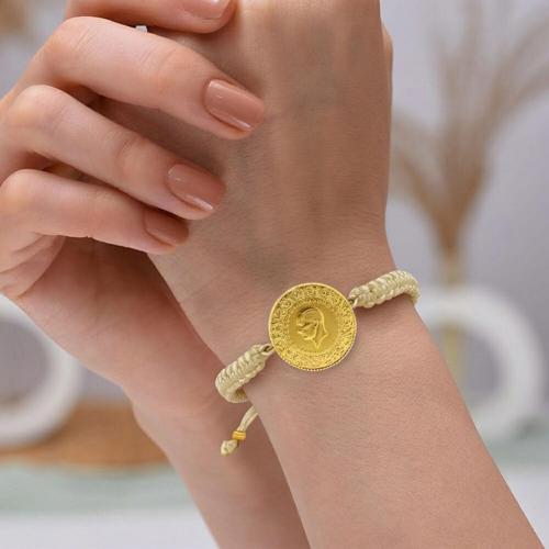 22 Ayar Yeni Tam Altın Krem Renkli İpli Bileklik