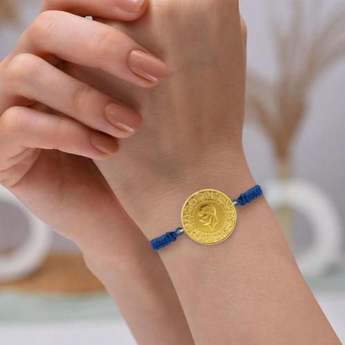 22 Ayar Yeni Tam Altın Mavi Renkli İpli Bileklik