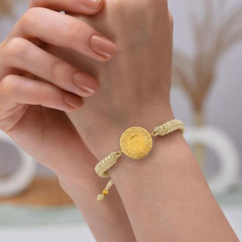 22 Ayar Yeni Yarım Altın Krem Renkli İpli Bileklik