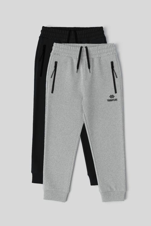 Standart Fit Basic 2li Paket Siyah-Gri Melanj Erkek Çocuk Eşofman Alt - 64042