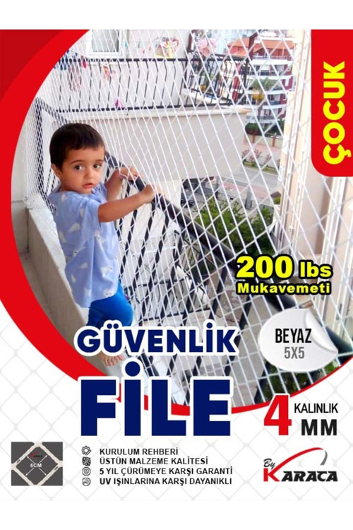 Çocuk Güvenlik File 3x5 M – 4 mm Kalın İp 5x5Cm Göz Aralığı + Montaj Malzemeleri