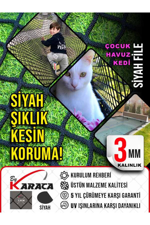 Kedi Güvenlik Filesi 2x5 Metre - Siyah Renk 3 mm İp Kalınlığı 3.5x3.5 Cm Gözenek+ Montaj Aparatları