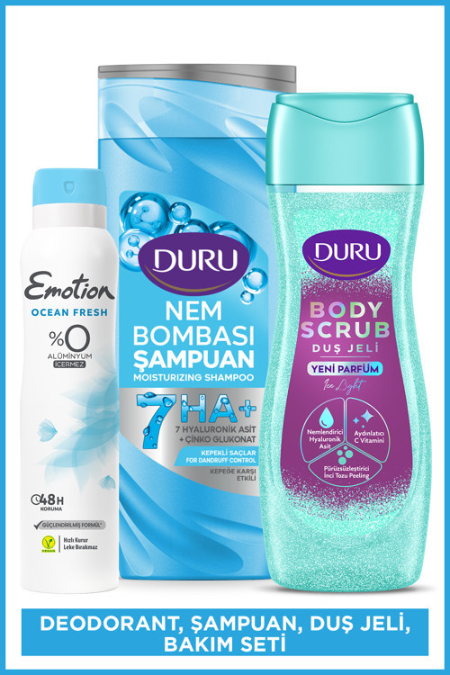 Nem Bombası Kepeğe Karşı Şampuan & Duru Body Scrub Ice Light Duş Jeli & Emotion Kadın Deodorant