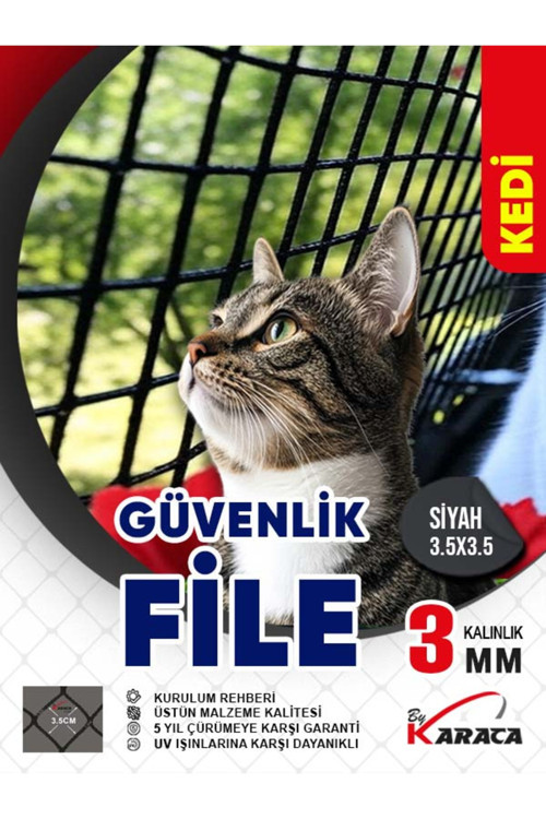 Kedi Güvenlik Filesi 2.5x4 Metre - Siyah Renk 3 mm İp Kalınlığı 3.5x3.5 Cm Gözenek+ Montaj Aparat